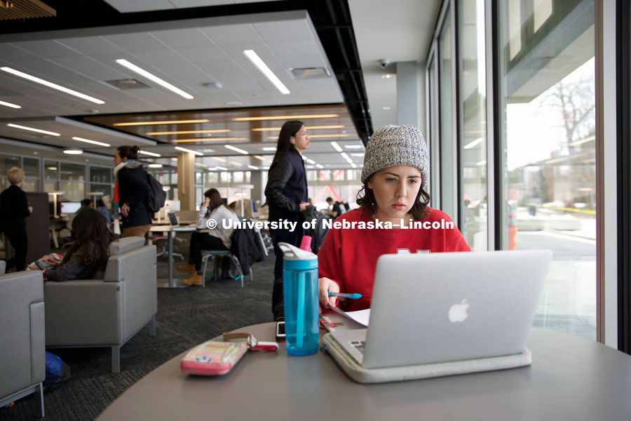 Eleanor Avery, a freshman supply chain management major, studies in Love Library's new Adele Coryell Hall Learning Commons on its Jan. 11 opening day. The space offers a variety of study and collaboration options to UNL students and is open 24 hours every day. First day of UNL's new Adele Coryell Hall Learning Commons, located in Love Library.